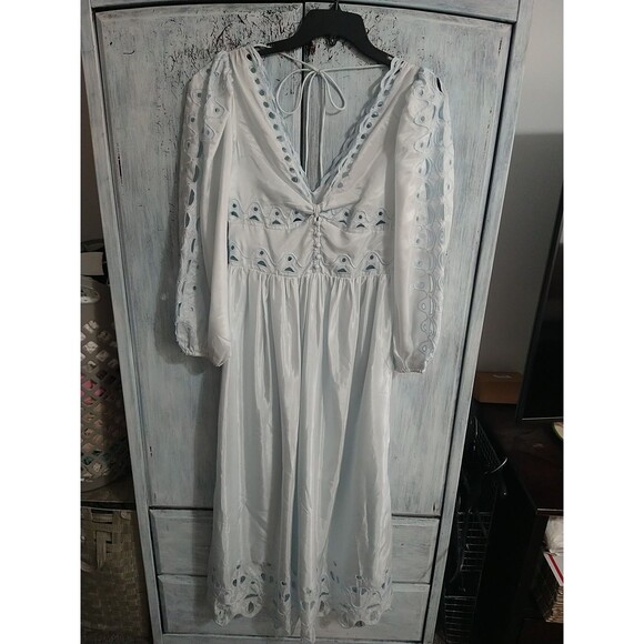 Chelsea & Violet Maxi Puff Sleeve Drop  Crepe Cut Out Vneck Dress Boho Feminine - Picture 3 of 12